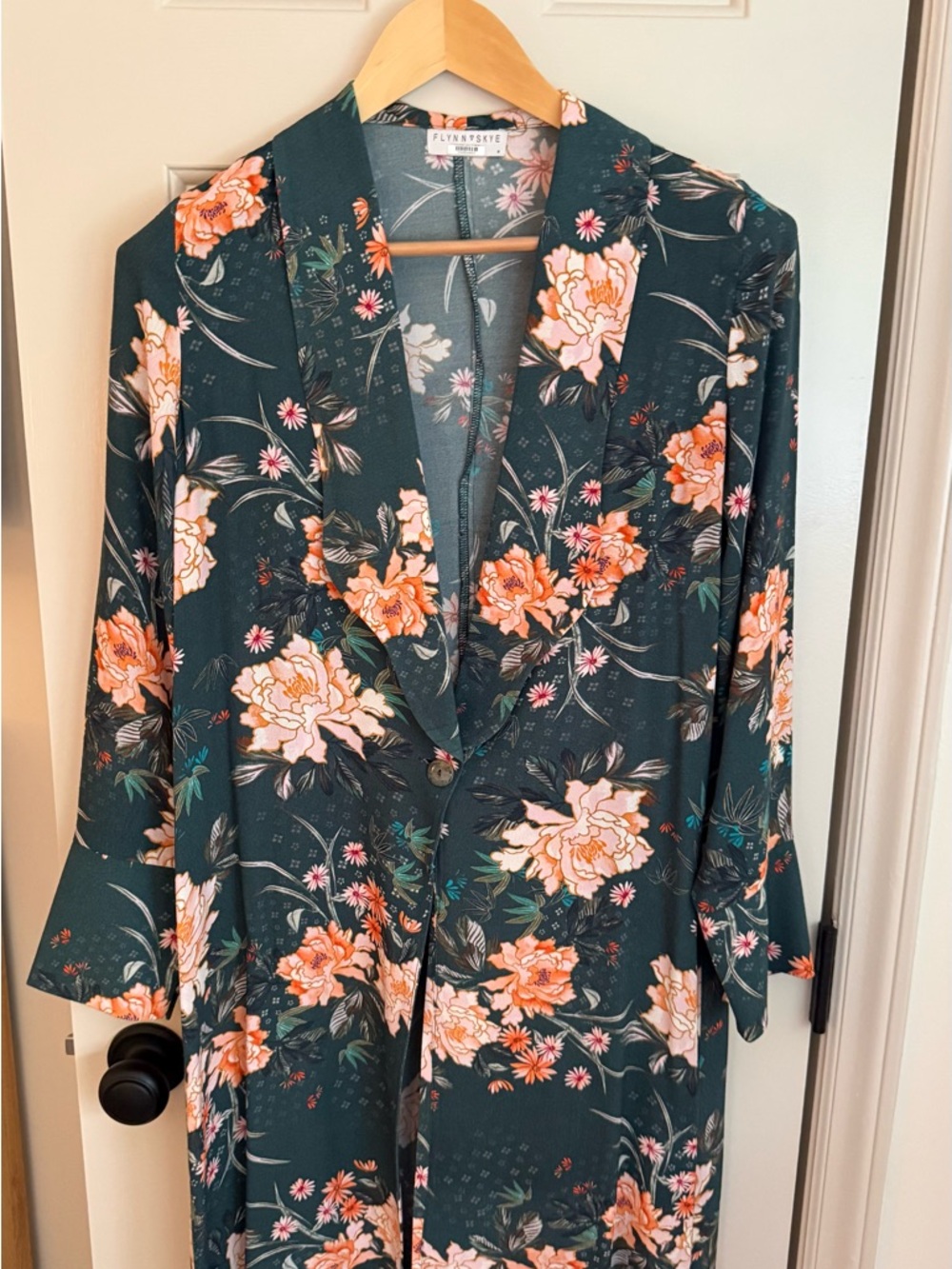 Flynn Skye Teal Floral Longline Blazer with Peach Blooms